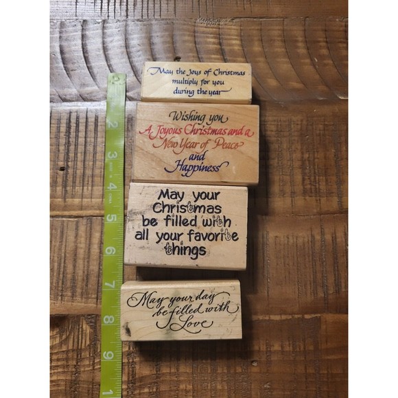 Lot of 4 Wood Mount Stamps Christmas Wishes New Year Holidays - Picture 1 of 4